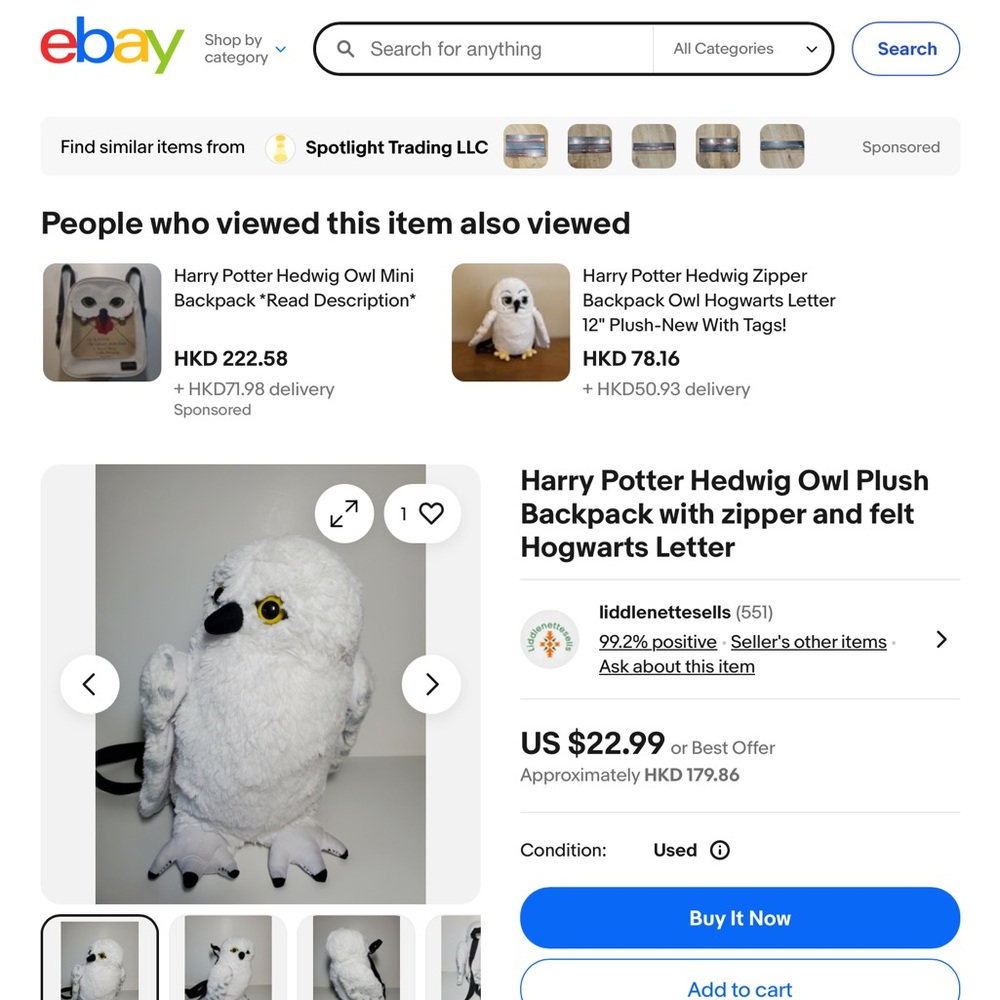 ‘Warner Bros-Harry Potter Plush Hedwig Backpack - Picture 7 of 8